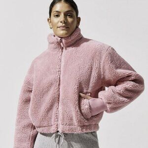 Carbon38 Pink Teddy Fleece Zip Oversized Jacket XS Cozy Sherpa Cropped High Neck